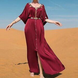NWOT Women Moroccan Floral Beaded Short Sleeve Abaya Caftan Belted Evening Dress